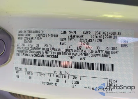 2021 Ford Escape Se из США, поврежденный, VIN 1FMCU9G6XMUB03355